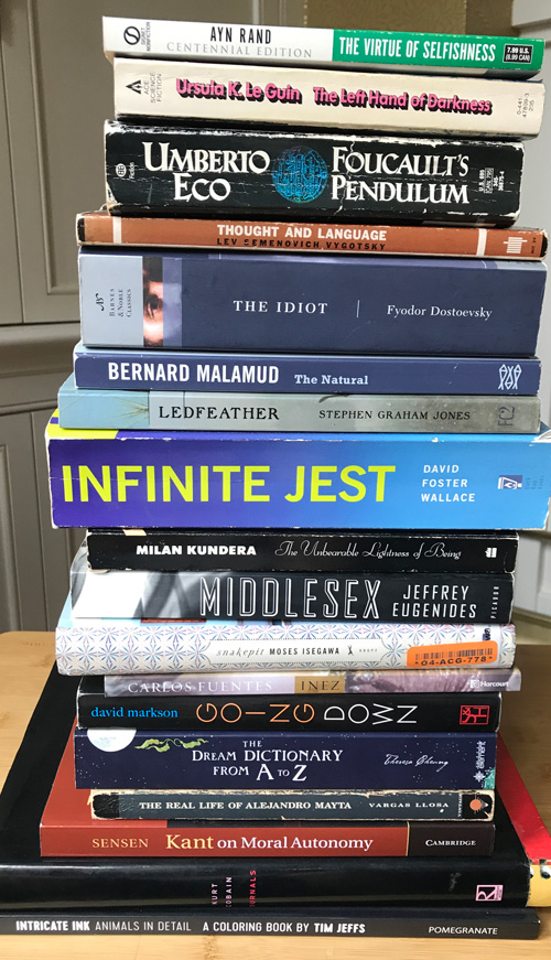 pile of books listed in text