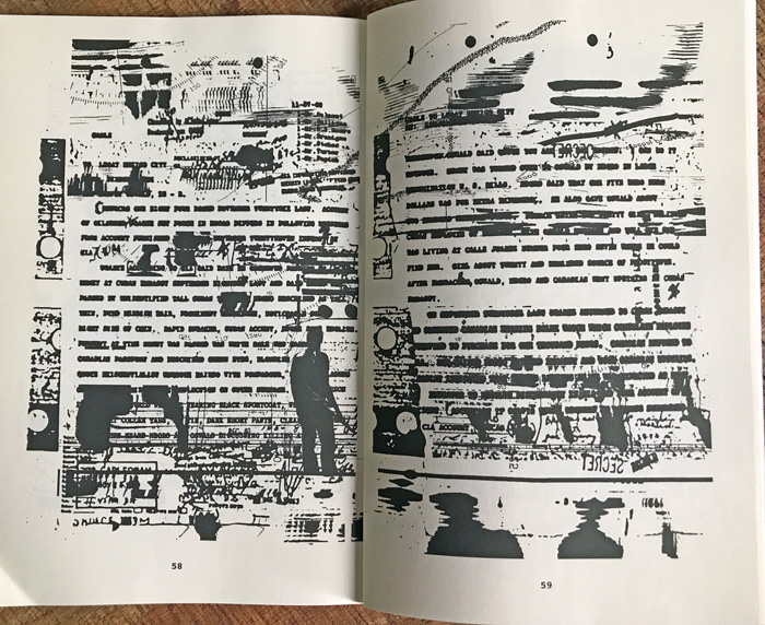spread from Rosaire Appel's no telling what... showing distressed typewritten text + images distorted to the point of illegibility